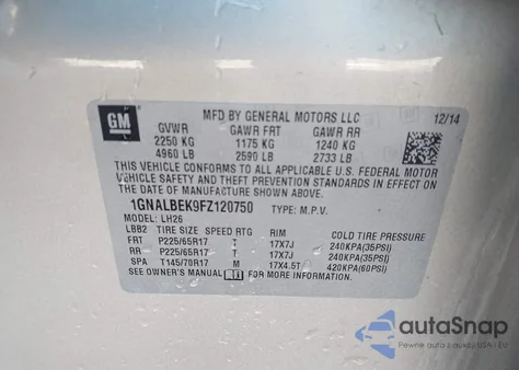 2015 Chevrolet Equinox 1Lt from USA, damaged, VIN 1GNALBEK9FZ120750